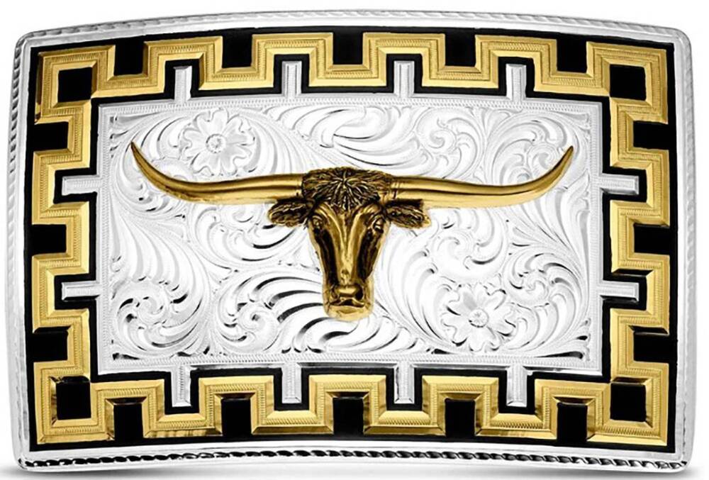 NEW MONTANA SILVERSMITHS men's honor and grit buckle with longhorn in silver/bla